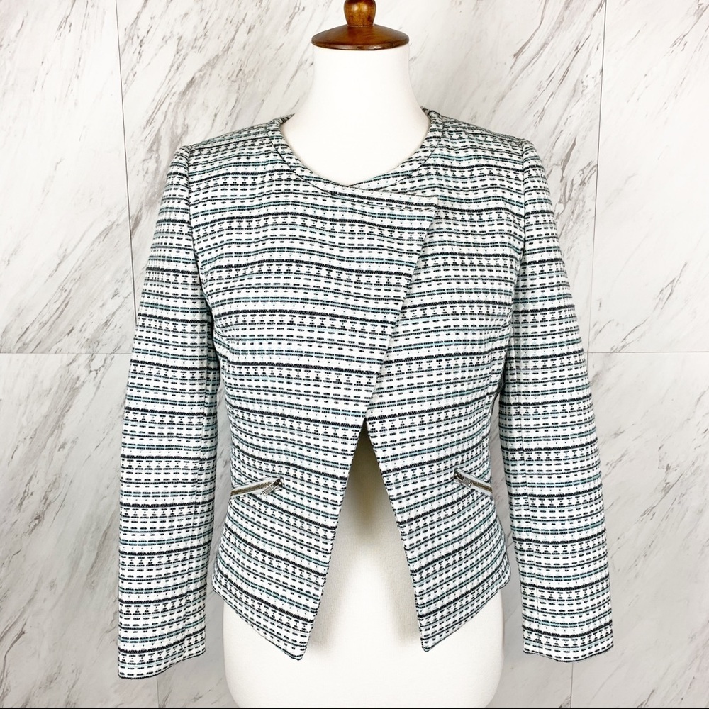 Halogen Tweed Blazer Asymmetrical Zip Pocket Stripe Black Teal XSP Quiet Luxury